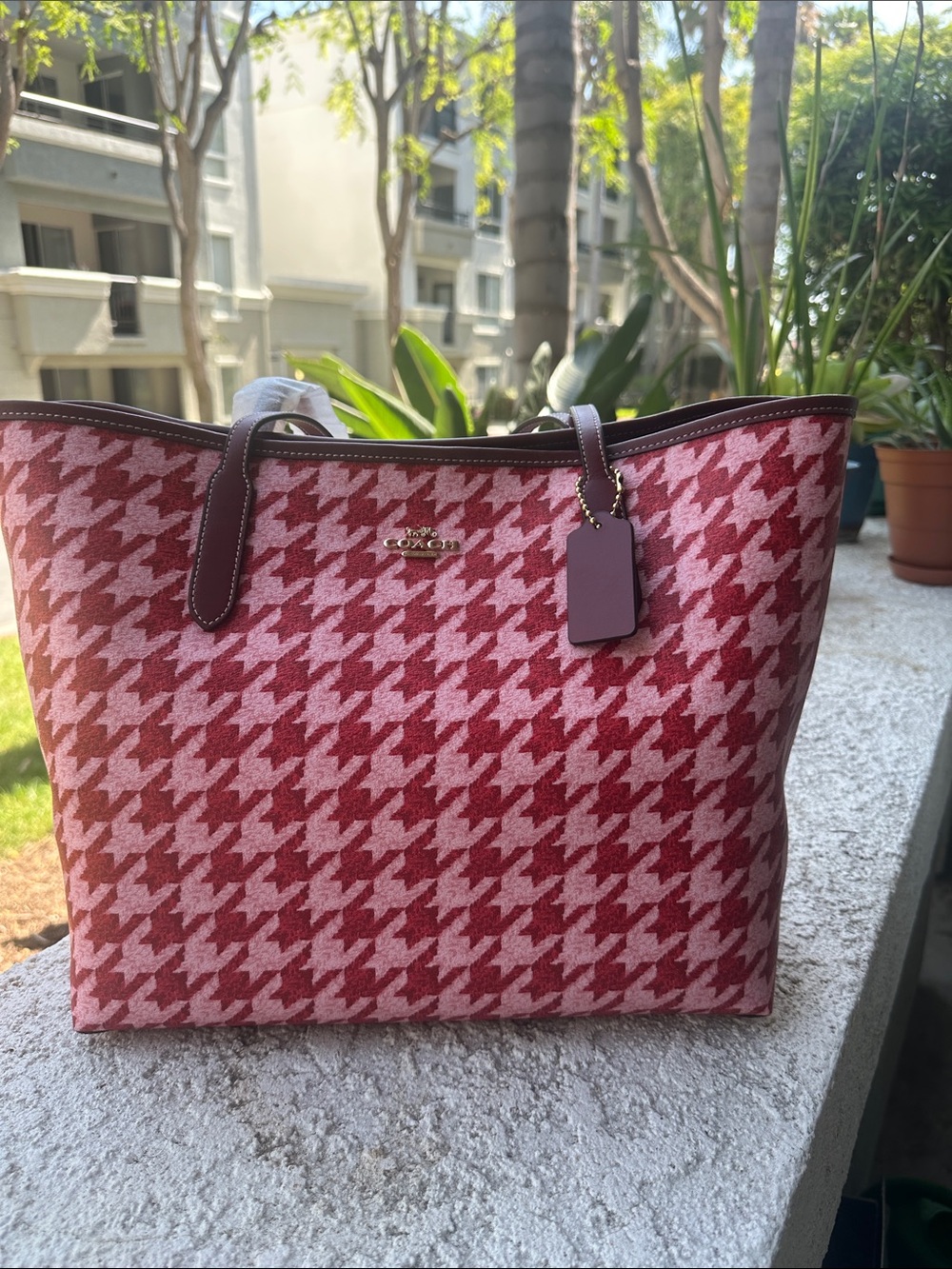 Coach City Tote Bag Red and Pink  with Houndstooth Print